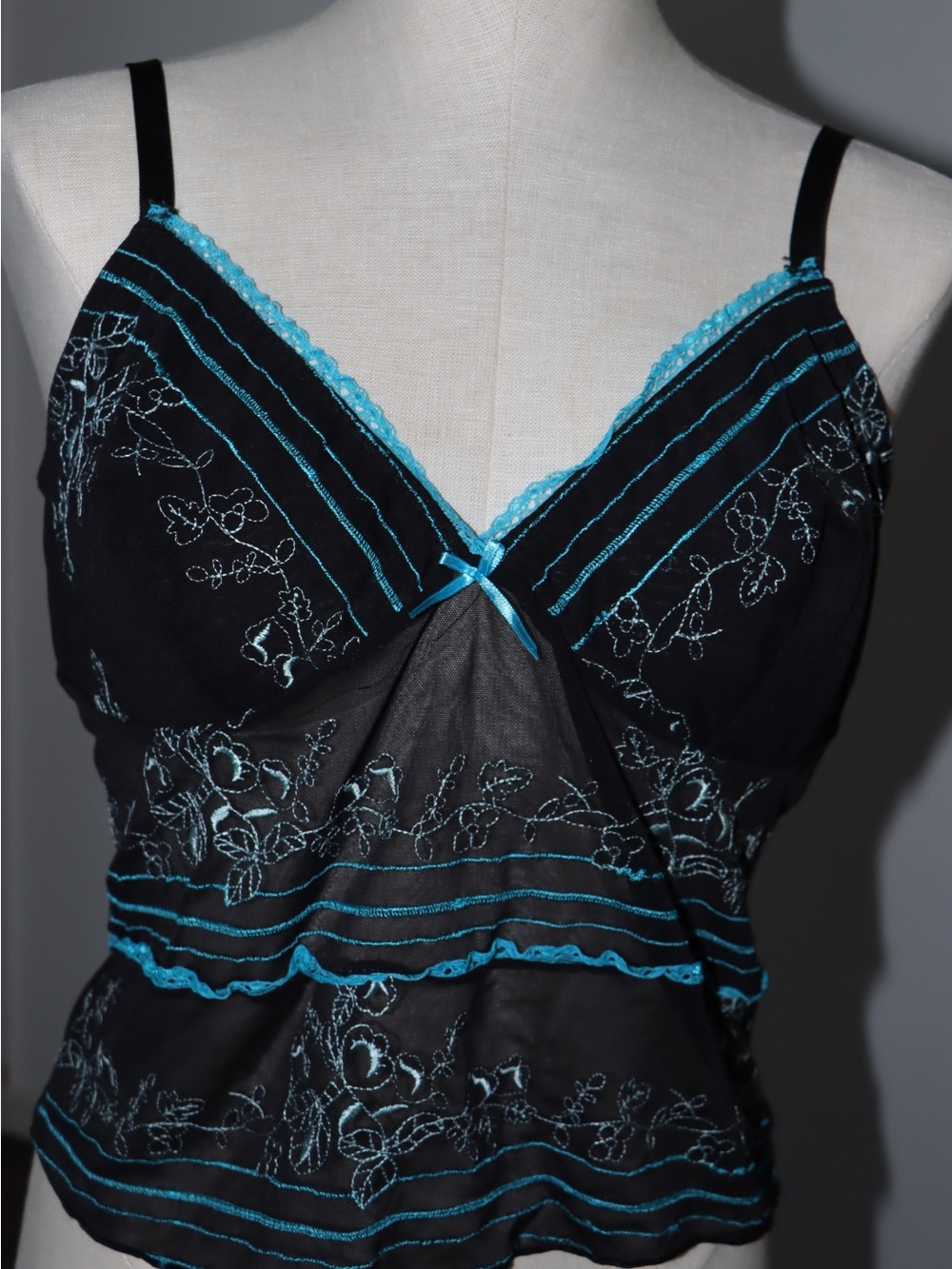 Black Chemise with Turquoise Floral Embroidery - Women's Intimates
